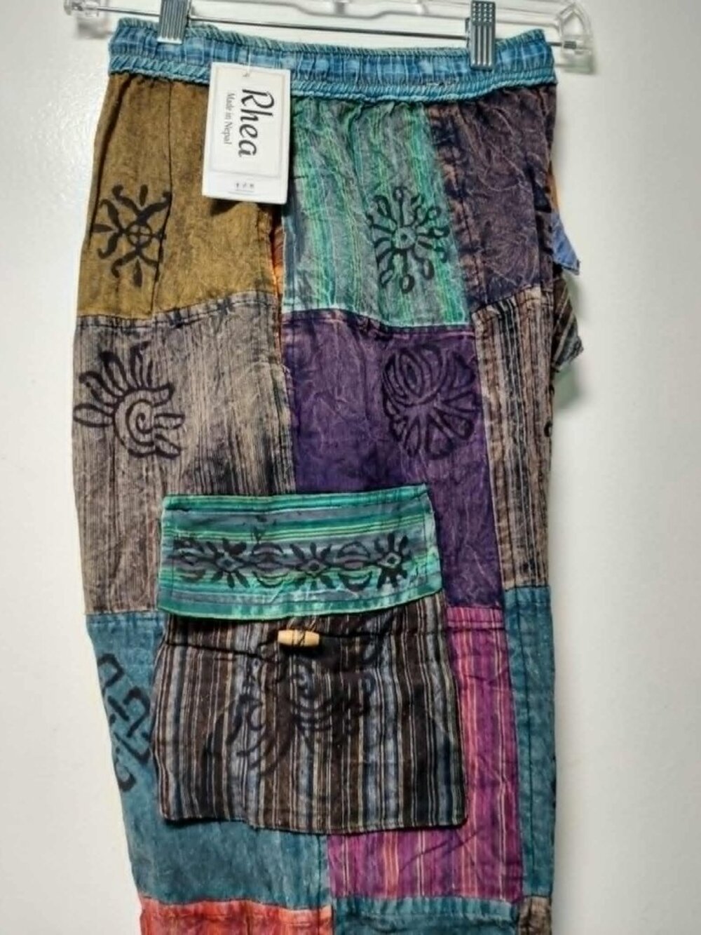 Rhea patchwork boho straight leg pants w/ cargo pockets, multi color L Large